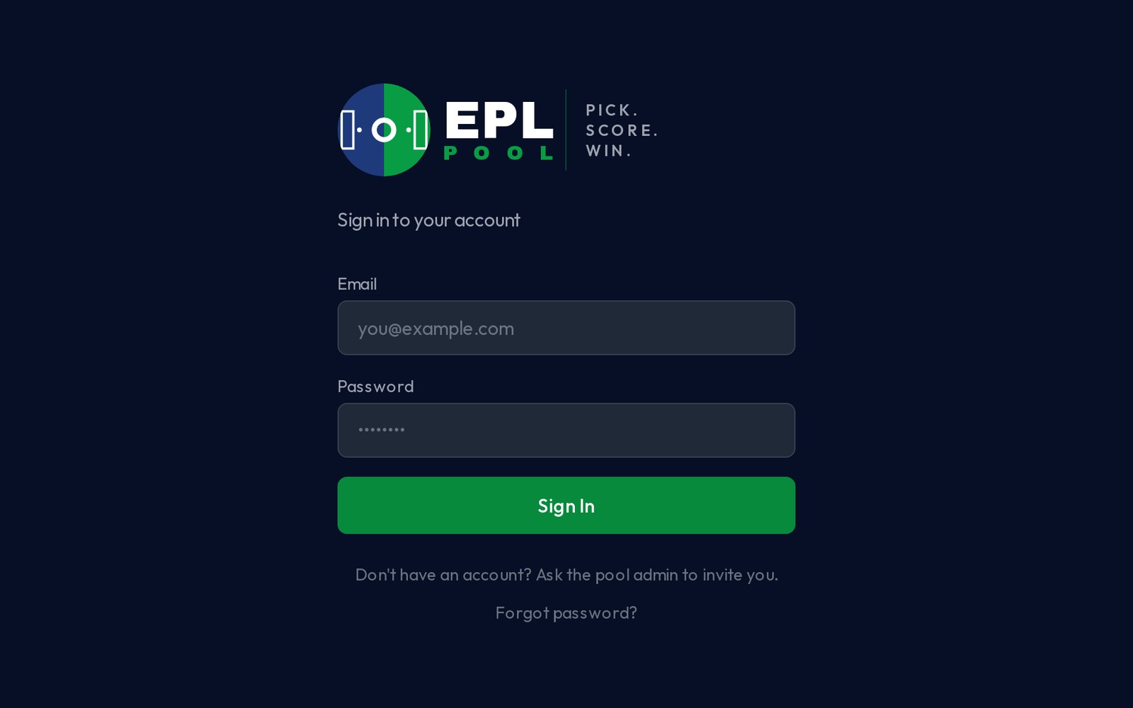 EPL Pool sign-in screen