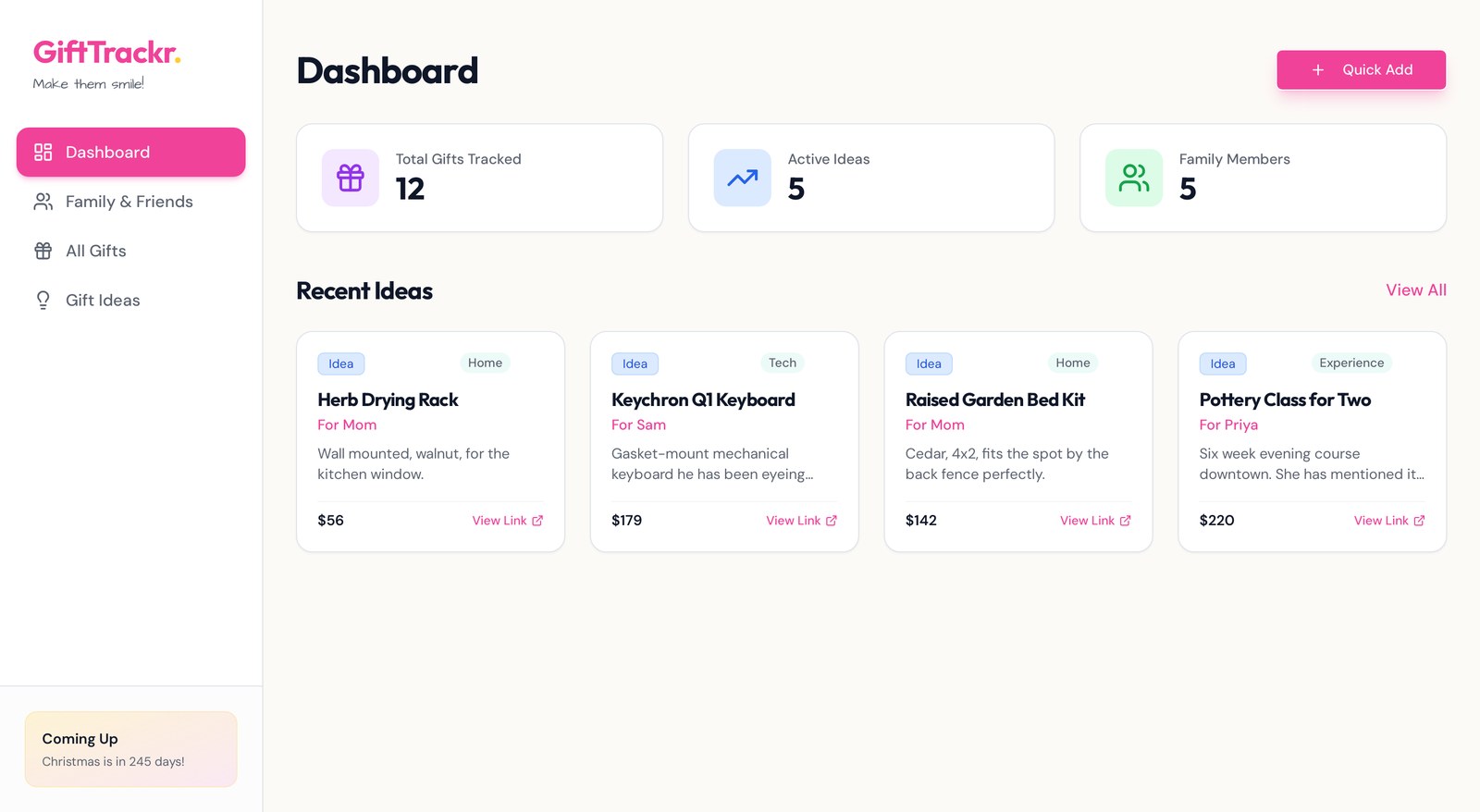 GiftTrackr dashboard showing tracked gifts, active ideas, and recent gift ideas