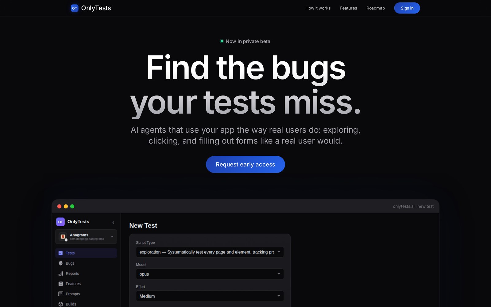 OnlyTests.ai marketing site showing the product's test creation interface